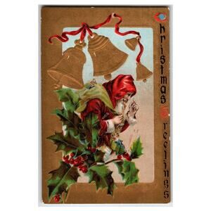 Vintage Embossed Santa Claus Christmas Postcard with Bells & Holly